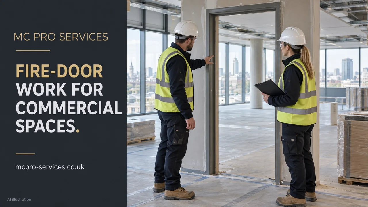 AI illustration of two operatives discussing a doorway in an office under refurbishment. Fire-door work for commercial spaces.