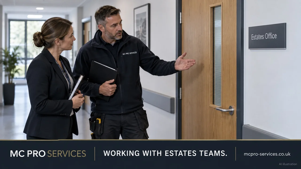 AI illustration of a contractor and estates representative discussing a doorway. Working with estates teams.