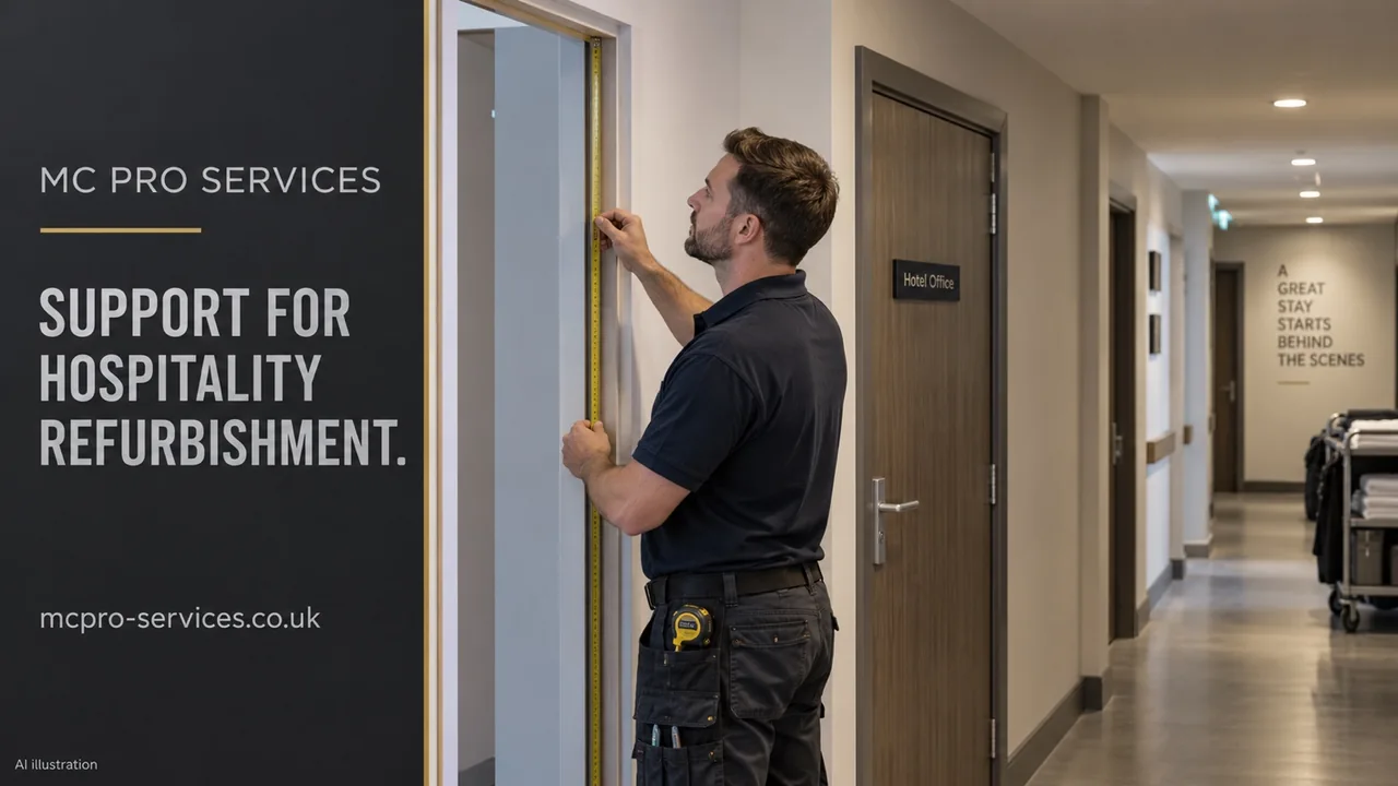 AI illustration of a carpenter measuring a doorway in a hotel corridor. Support for hospitality refurbishment.