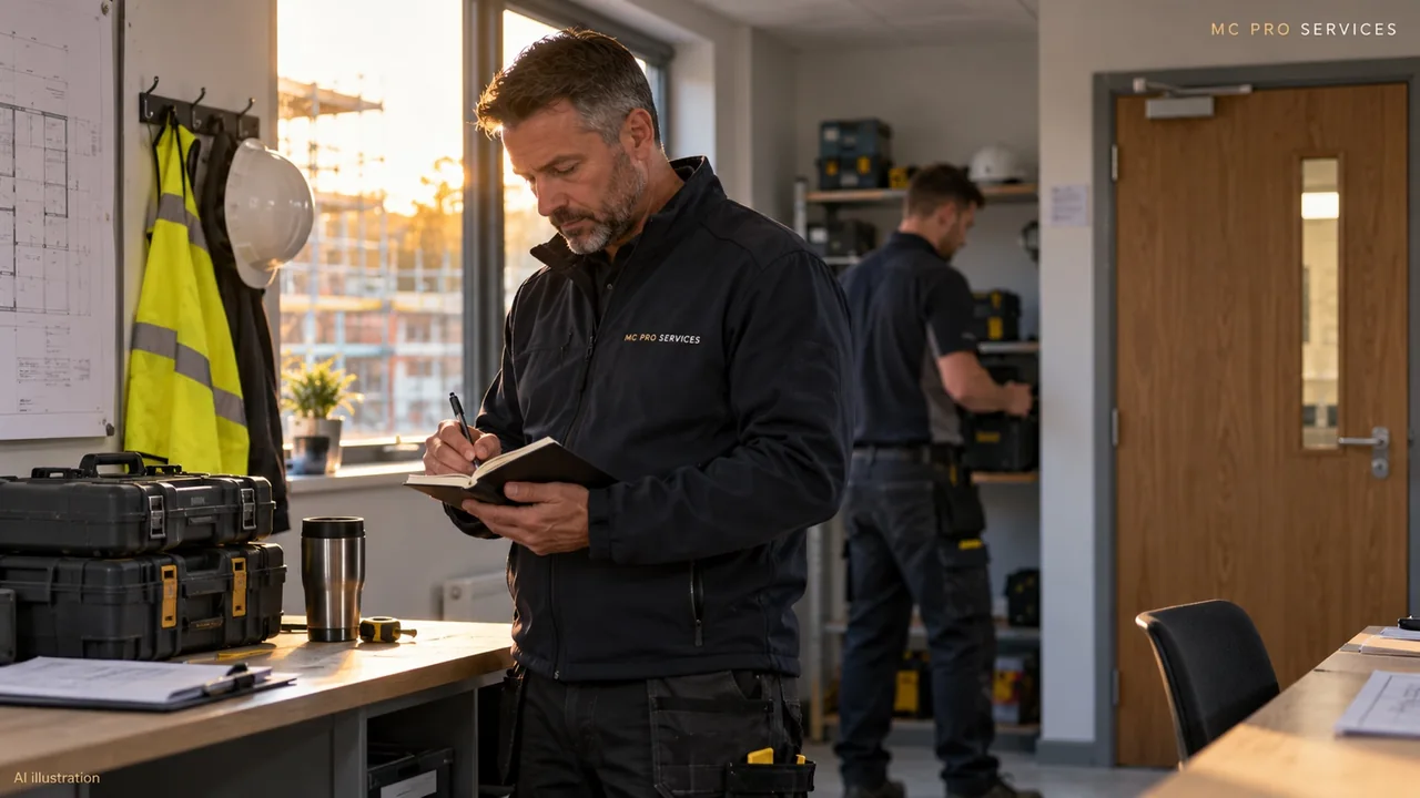 AI illustration of an operative reviewing notes in a site office while a colleague prepares equipment.