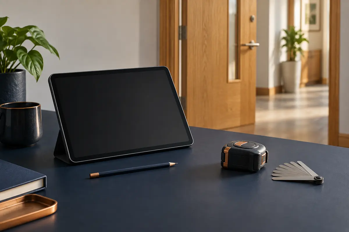 AI illustration of tools and a tablet prepared for survey planning