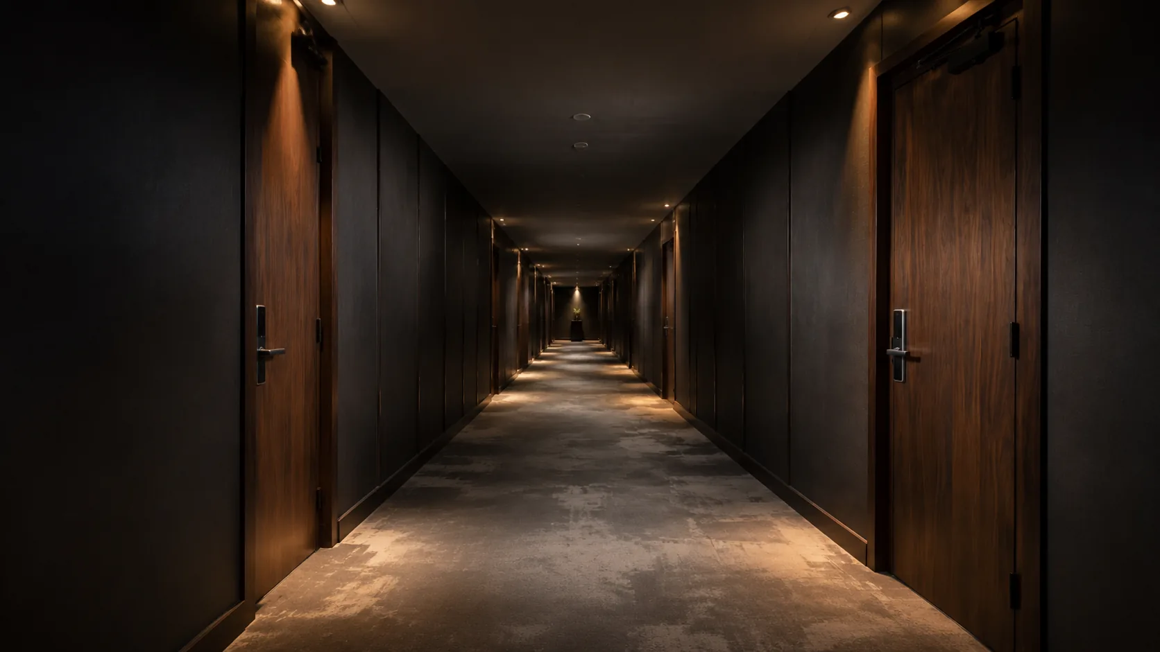 Hotel corridor with timber fire doors and electronic access locks