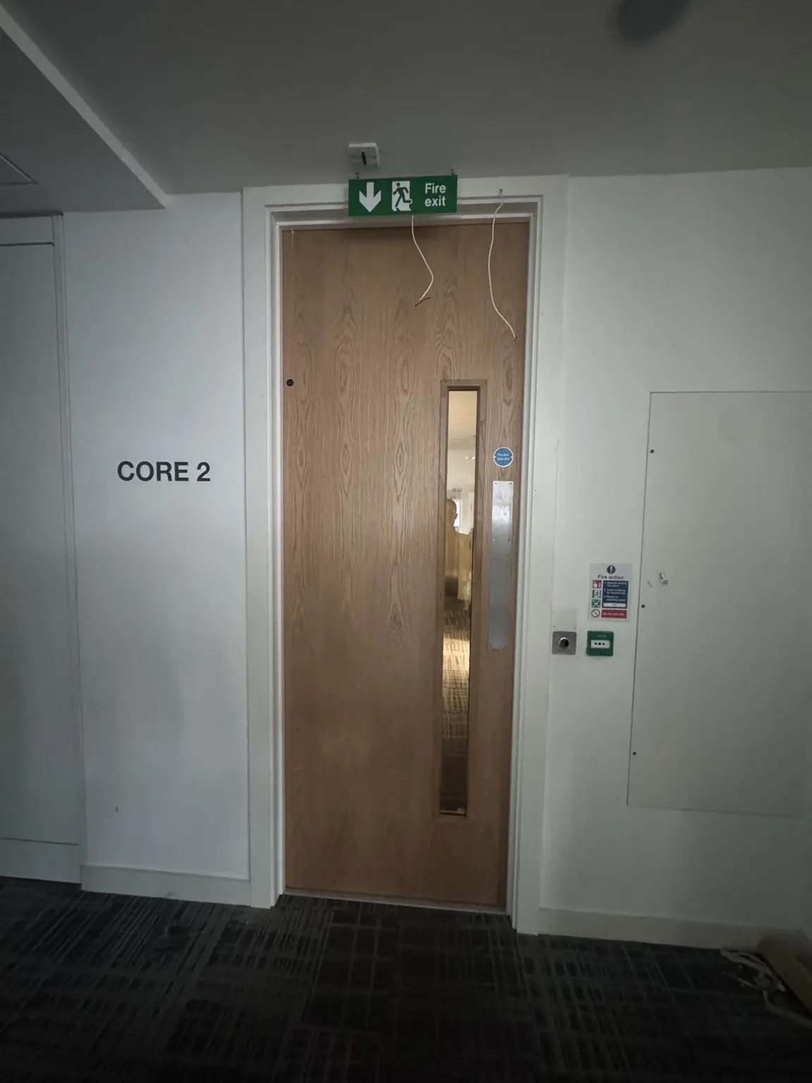 Oak-effect communal core door with narrow vision panel and metal threshold