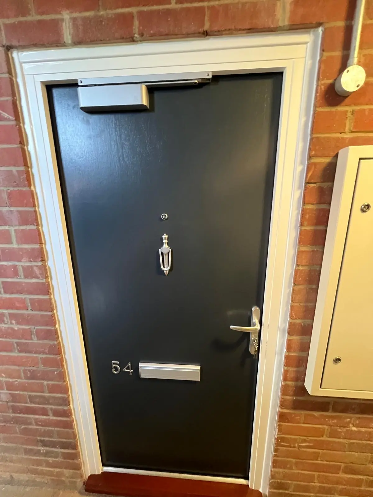 Dark residential entrance door with surface-mounted overhead closer