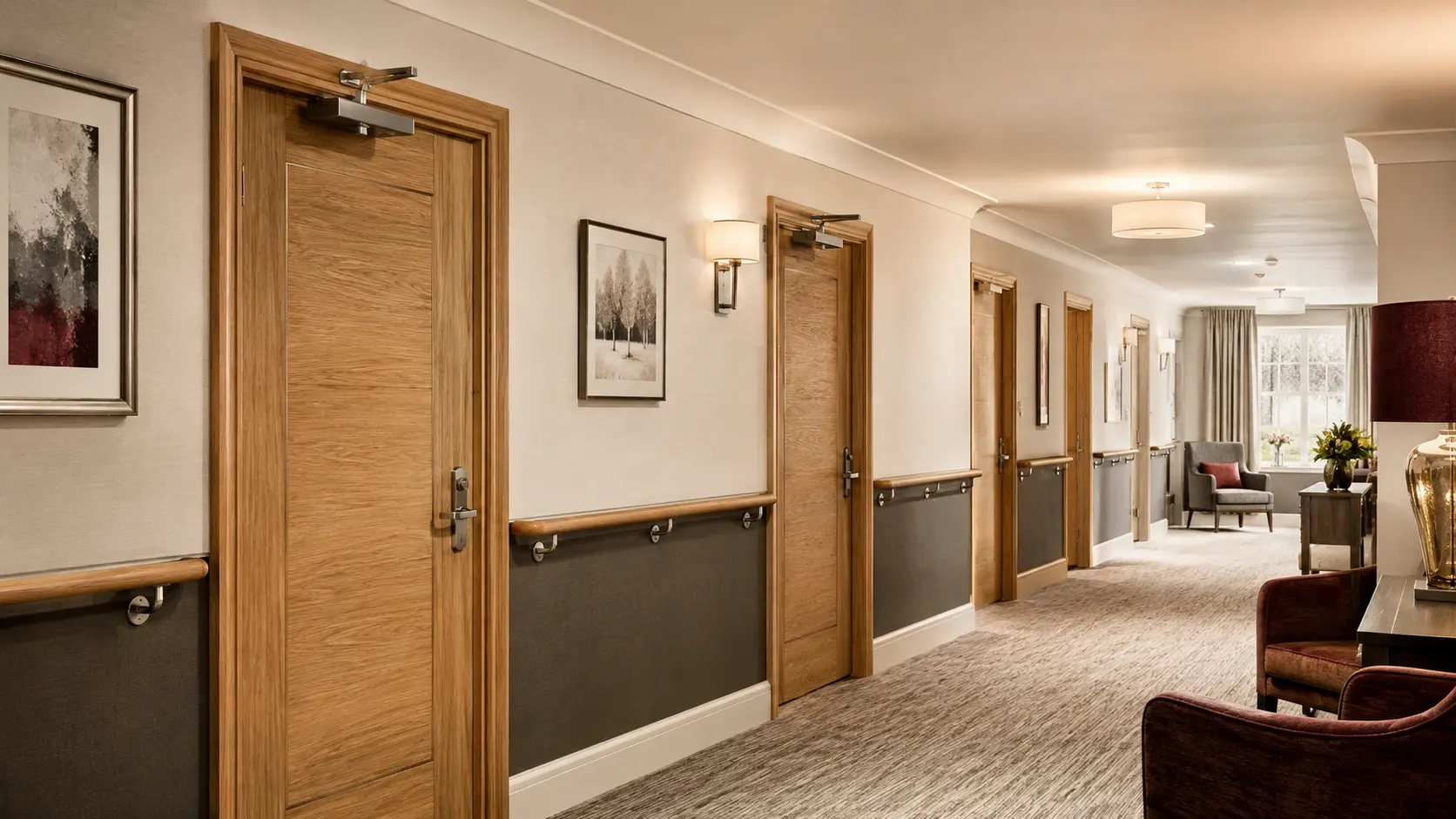 Warm care-home corridor with timber resident-room fire doors