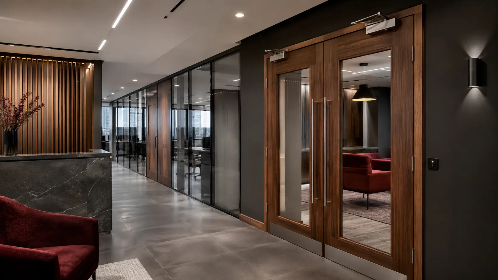 Commercial office corridor with glazed timber fire doors