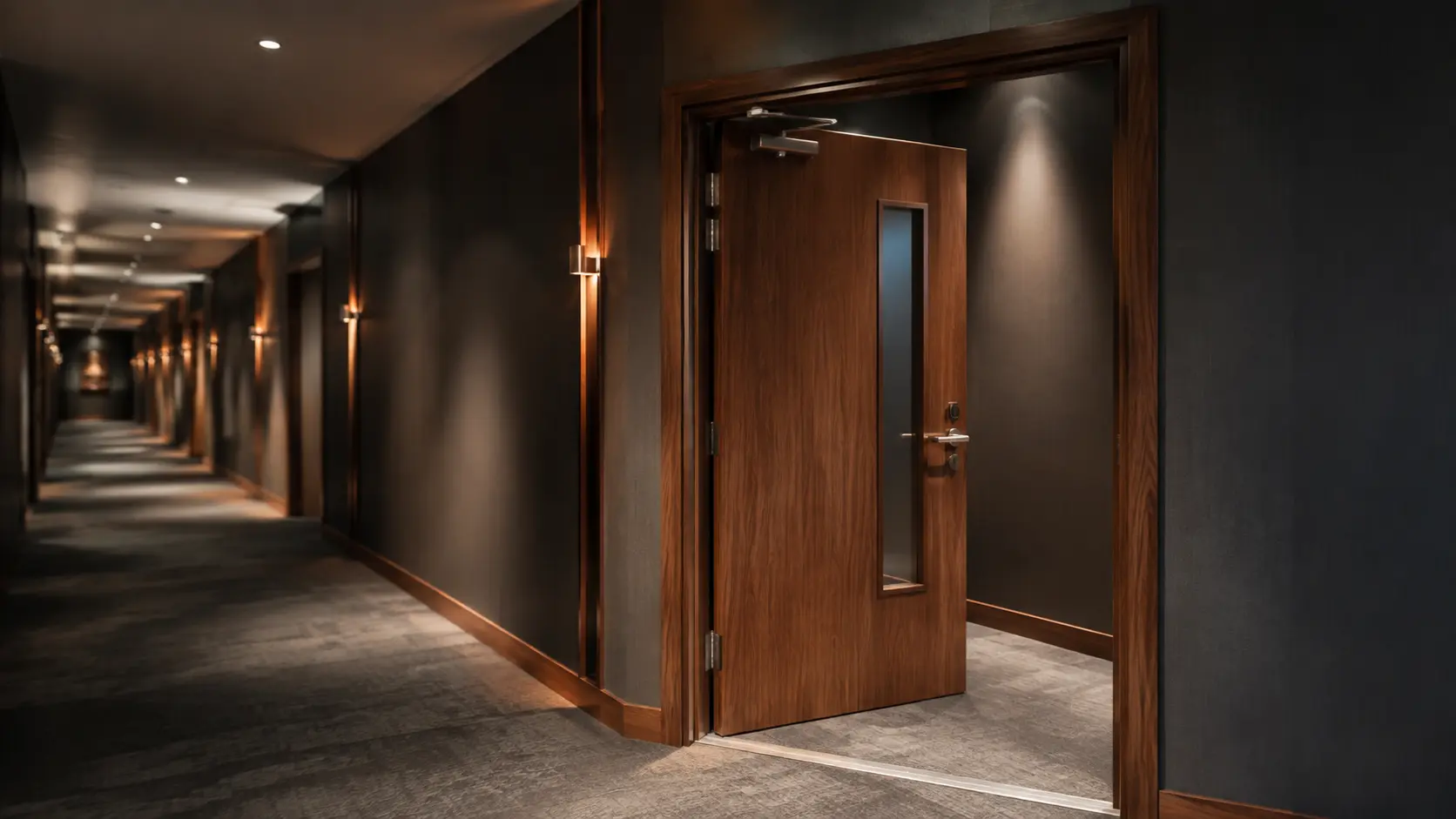 Maintained timber fire door and frame in a commercial corridor