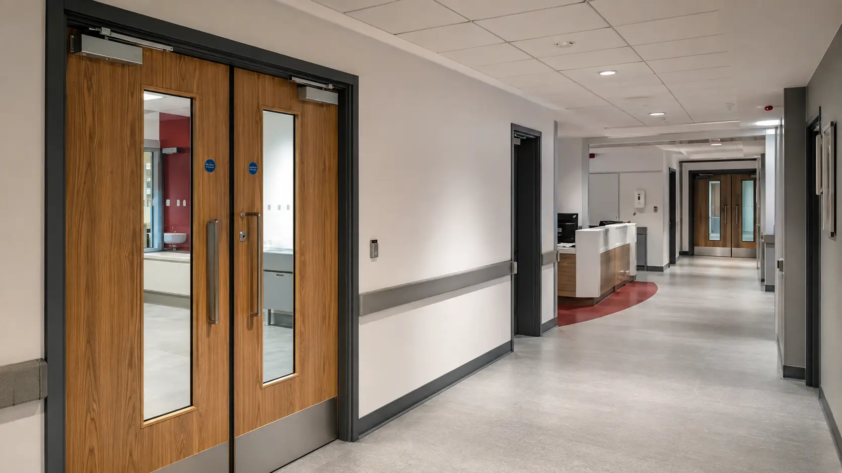 Modern hospital corridor with timber and glazed fire doors