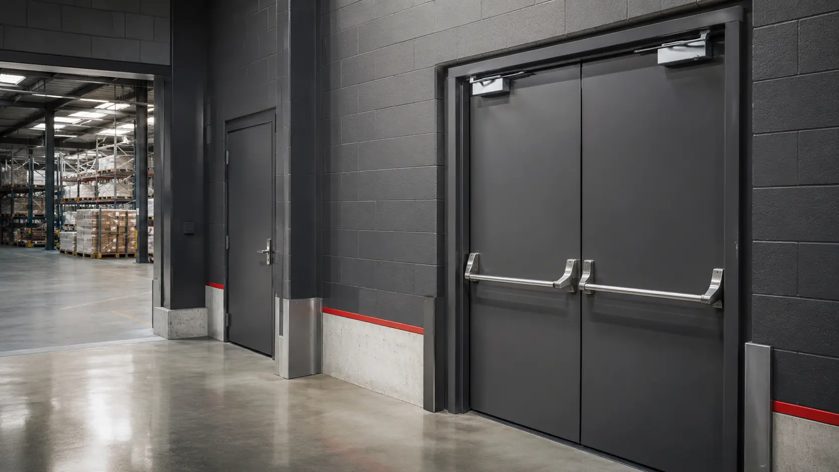Modern warehouse service area with metal fire doors
