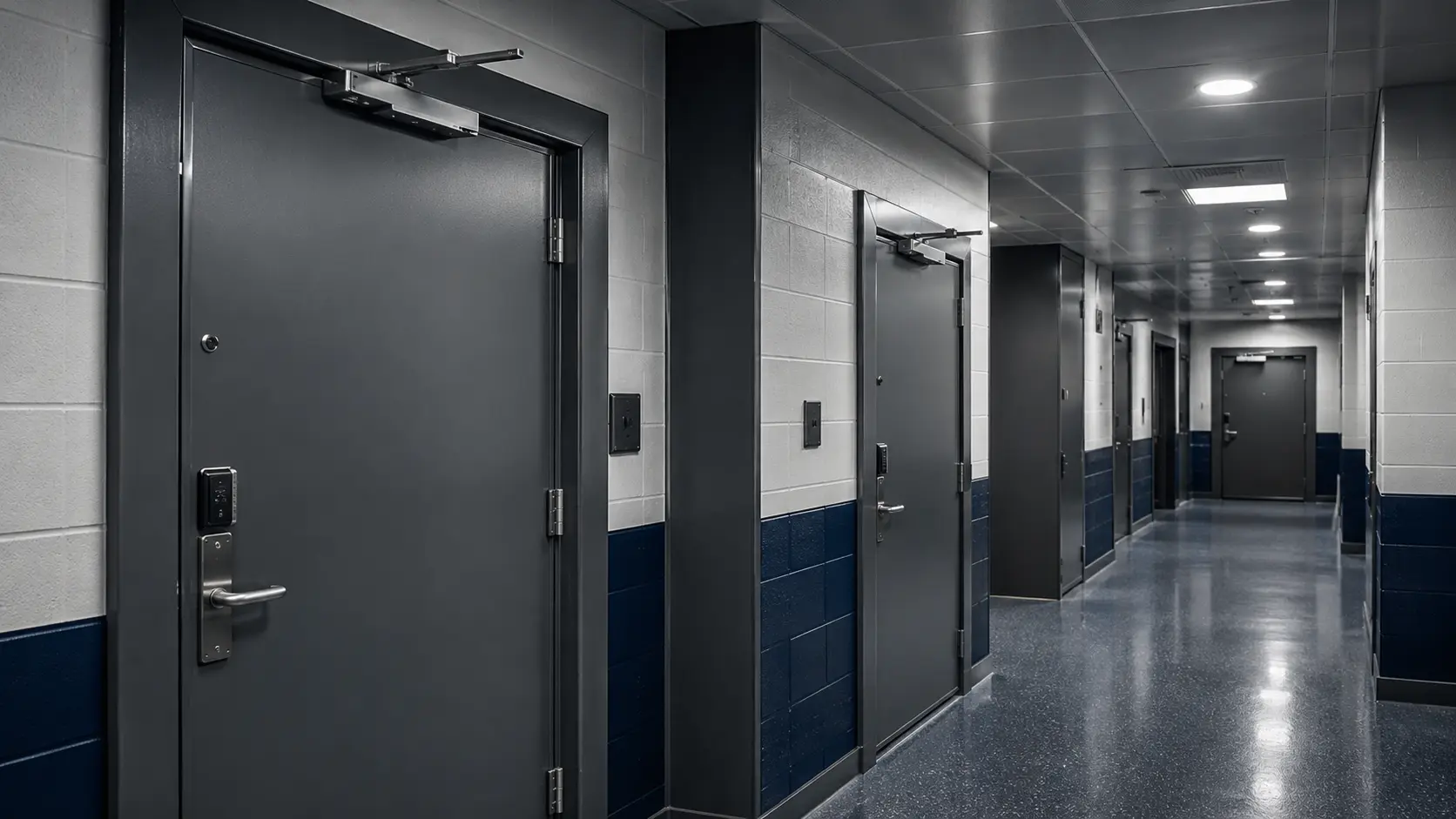 Secure institutional corridor with heavy-duty metal fire doors